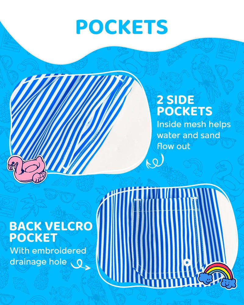 maamgic Boys Swim Trunks with Compression Liner 4-Way Stretch Quick Dry Bathing Suit Toddler Beach Shorts Blue White Stripes 10-12 Years - Image 4