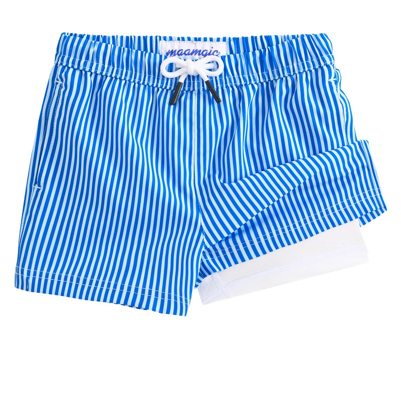 maamgic Boys Swim Trunks with Compression Liner 4-Way Stretch Quick Dry Bathing Suit Toddler Beach Shorts Blue White Stripes 10-12 Years - Image 1