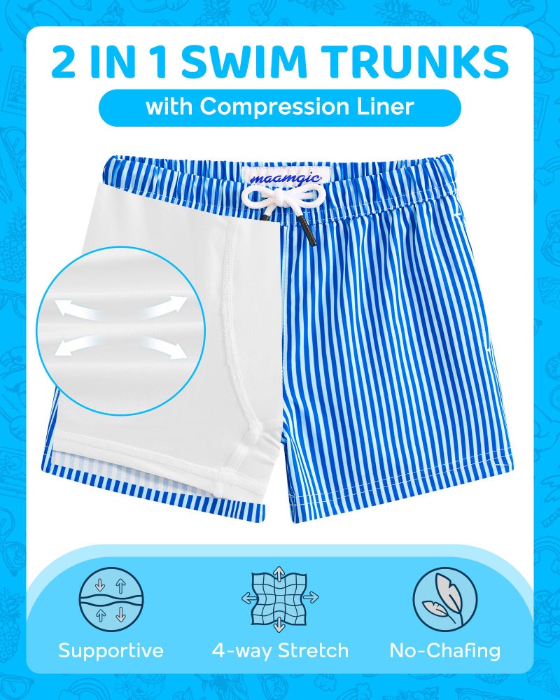 maamgic Boys Swim Trunks with Compression Liner 4-Way Stretch Quick Dry Bathing Suit Toddler Beach Shorts Blue White Stripes 10-12 Years - Image 2