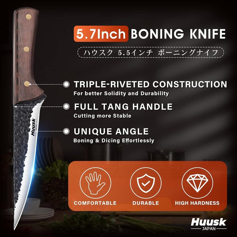 Huusk Boning Knife for Meat Cutting - Japanese High Carbon Steel Fillet Knife - Hand Forged Trimming Knives - Kitchen Chef Knives for Meat, Fish, Poultry, Christmas Gifts for Men Women - Image 4