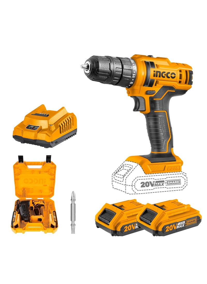 INGCO INGCO 20V Cordless Drill 151 0810mm 45NM 2speed Gear 040001500rpm Electric Drill Machine Drill Machine Kit 2pcs Lithiumion 15Ah Battery1 Fast Charger 1pcs Screwdriver 1 Set  - Image 1