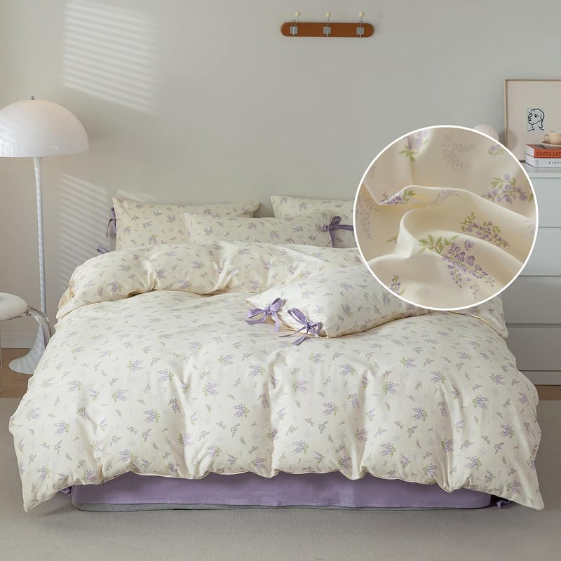 LifeTB Lilac Comforter Set Twin XL Girls Purple Flower Bedding Comforter Vintage Garden Floral Comforter Set Fluffy Soft Botanical Comforter with 2 Bow Ties Pillowcases for Girls Women Twin XL Size - Image 3