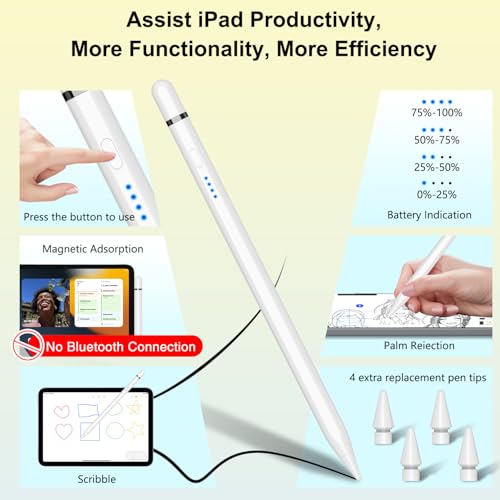 HATOKU Pencil 1st Generation for iPad A16 (2026-2018), Pencil USB C Fast Charging and Magnetic with Tilt Sensitivity & Palm Rejection for iPad Air 3/4/5/M2/M3, Mini 5/6/7, i-Pad 6-11, Pro 11/12.9"/M4 (White) - Image 3