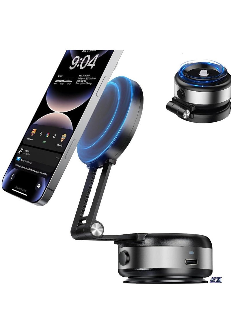 ELTRAZONE Electric Vacuum Magnetic Suction Phone Mount – 360° Rotating Magnetic Phone Holder, Foldable Smart Double-Sided Suction Design, Strong Magnetic Car Phone Holder for Car, Mirror, & Smooth Surfaces – Premium Silver (Universal Compatibility)  - Image 1