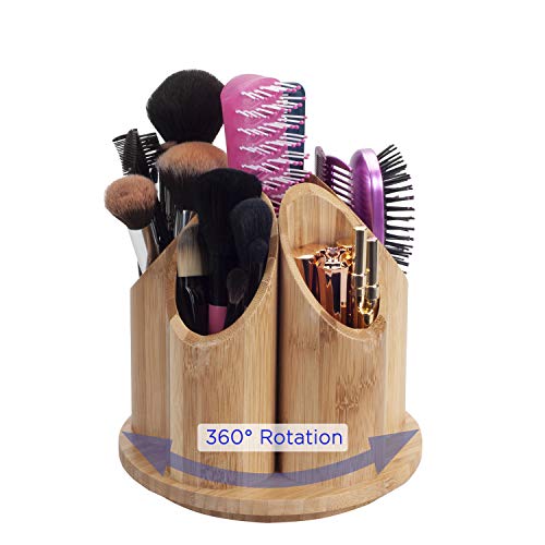 MobileVision Bamboo Circular Rotating Makeup Organizer, 5 Sections for Cosmetic Brushes, Lipsticks, Eye Liners, Accessories, Beauty Products & More - Image 1