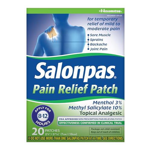 Salonpas Pain Relief Patch, 20 Count (Pack of 1), Up to 12 Hours Temporary Relief of Mild to Moderate Pain, Backache, Sore Muscle, Sprains, Bruises - Image 1