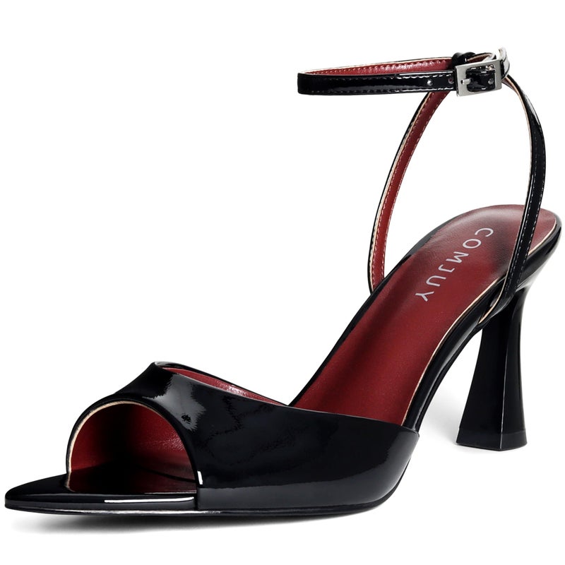 COMJUY Black Heels for Women Peep Pointed Toe Kitten Heeled Sandals Strappy Flared Heels Elegant Leather Sandals Comfortable Chic Summer Prom Wedding Sexy Dress Shoes Size 7.5 - Image 1