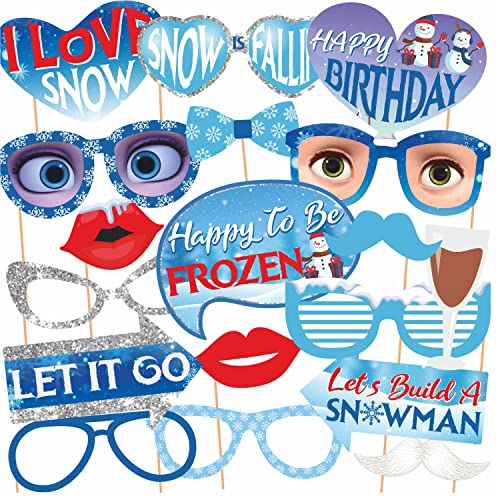 WOBBOX Happy Birthday Frozen Theme Photo Booth Party Props Blue Color, Birthday Party Deocration Items, Party Decoration Item (18 Pcs) - Image 1