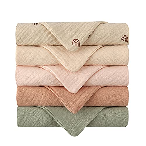 BUMKiNs Aloonii 5 Pack Luxury Muslin Squares | Cute Small Baby Burp Cloths (Peach) - Image 1
