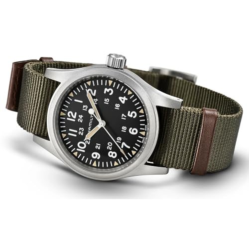Hamilton Watch Khaki Field Mechanical 38mm | Swiss Made | 38mm Stainless Steel Case | Black Dial Analog Watch | Green Textile NATO Strap (Model: H69439931) - Image 3