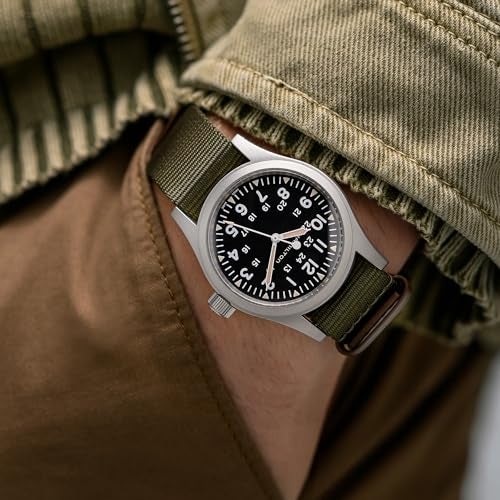 Hamilton Watch Khaki Field Mechanical 38mm | Swiss Made | 38mm Stainless Steel Case | Black Dial Analog Watch | Green Textile NATO Strap (Model: H69439931) - Image 5