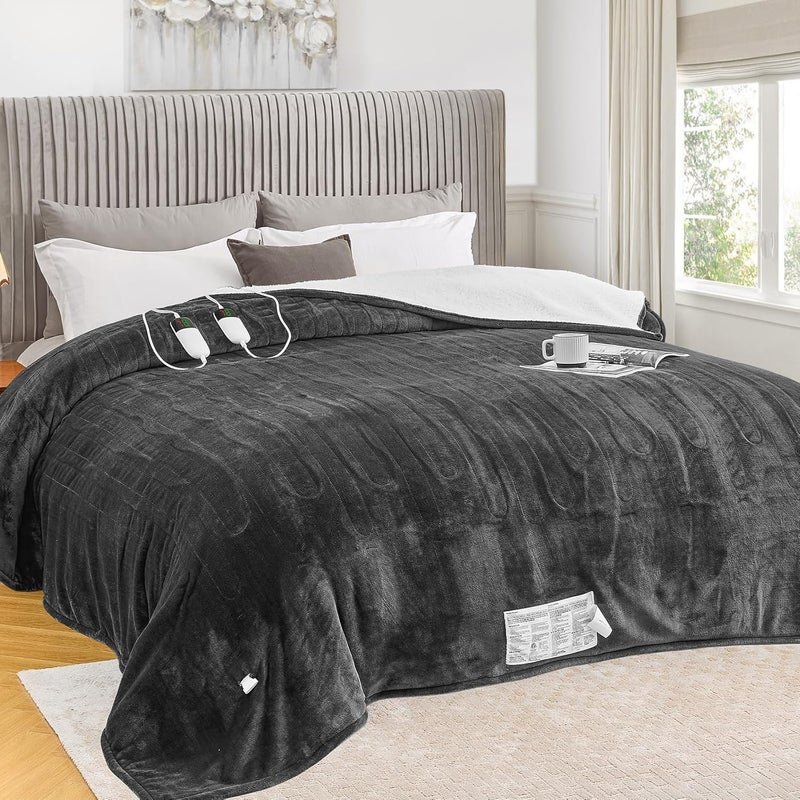 greenoak Heated Blanket Electric Queen Size 84"X90" Dual Control, Heating Blanket with 10 Heat Levels 1/2/4/6/8 Hours Auto-Off Overheat Protection, Soft Sherpa Warm, ETL Certified Deep Grey - Image 1