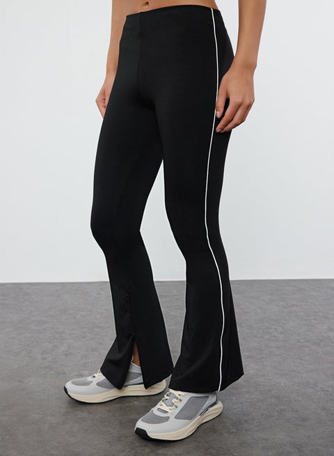 Black Leg Yoga Knitted Sports Tights with Piping and Zipper Detail