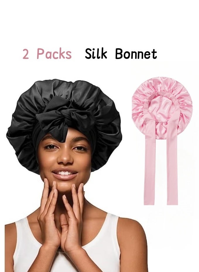 2 Packs Hair Bonnet Wide Band - Silk Like Sleeping Bonnets for Curly Hair Night Cap with Tie Band for Women and Girls (1 Black, 1 Pink) - Image 1