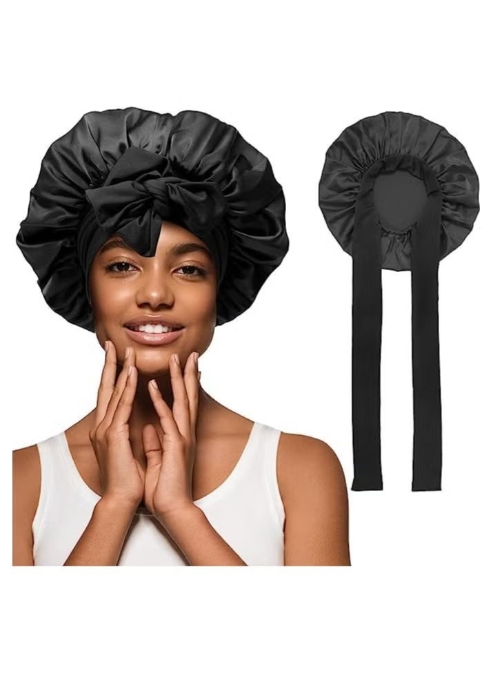2 Packs Hair Bonnet Wide Band - Silk Like Sleeping Bonnets for Curly Hair Night Cap with Tie Band for Women and Girls (1 Black, 1 Pink) - Image 2