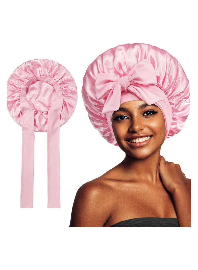 2 Packs Hair Bonnet Wide Band - Silk Like Sleeping Bonnets for Curly Hair Night Cap with Tie Band for Women and Girls (1 Black, 1 Pink) - Image 4