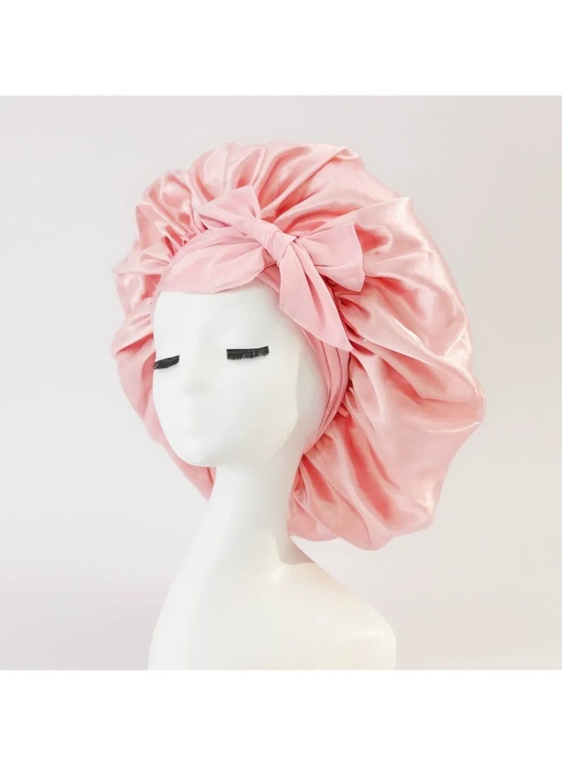 2 Packs Hair Bonnet Wide Band - Silk Like Sleeping Bonnets for Curly Hair Night Cap with Tie Band for Women and Girls (1 Black, 1 Pink) - Image 5