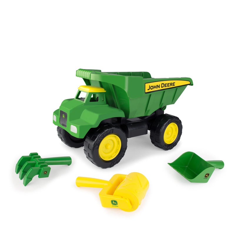 John Deere Big Scoop Dump Truck Toy with Sandbox Tools - Construction Toys  Sifter  Hand Tiller  and Tractor Wheel Roller - 15 x 8.25 x 9.25 inches - Ages 3-5 Years  Frustration Free Packaging