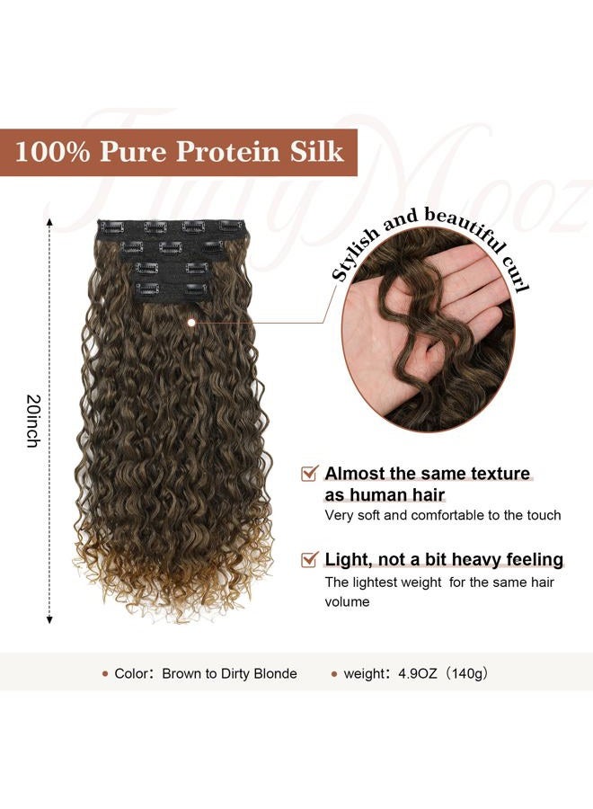 Flufymooz Clip in Hair Extensions, 4PC 100％ Pure Protein Silk Hair Extensions Long Soft Natural Hairpiece 20 Inch Curly Hair Extension for Women (Brown to Dirty Blonde) - Image 2