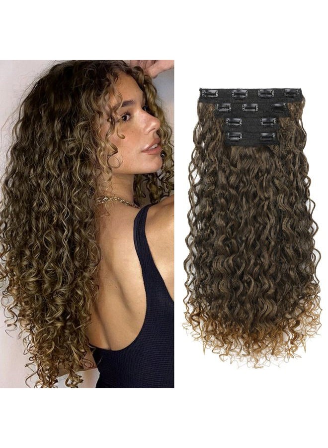 Flufymooz Clip in Hair Extensions, 4PC 100％ Pure Protein Silk Hair Extensions Long Soft Natural Hairpiece 20 Inch Curly Hair Extension for Women (Brown to Dirty Blonde) - Image 1