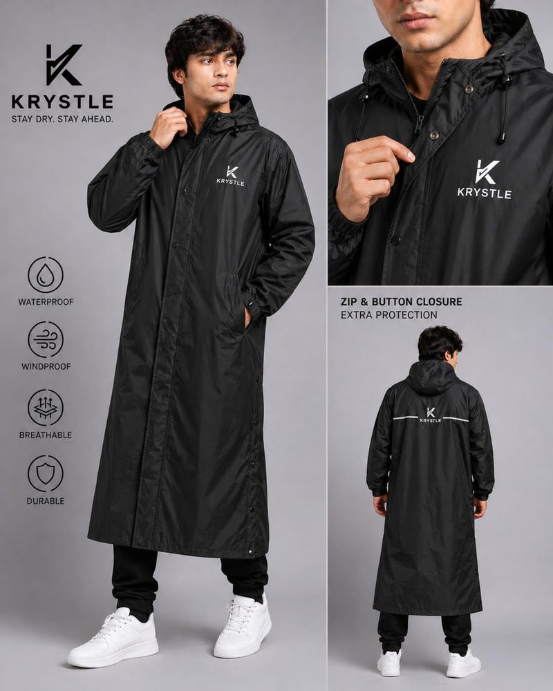 Krystle Men’s Long Hooded Waterproof Raincoat – Full-Length Overcoat (Black,XXLarge) - Image 2