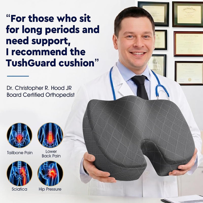 TushGuard وسادة مقعد - وسادة رغوة الذاكرة لكرسي المكتب، مقعد السيارة، الطائرة، المدرج - وسادة كرسي مكتب لتخفيف آلام عرق النسا والورك والعصعص للعاملين في المكاتب الذين يجلسون لفترات طويلة، سائقي السيارات - Image 5