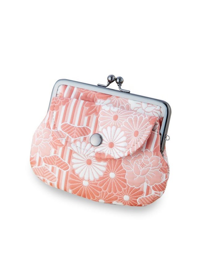 noren Japanese Wallet, Japanese Coin Purse, (KIKKA Chrysanthemum), Made in Japan, Double Purse with Pocket, Japanese Pattern, Pink, L - Image 1