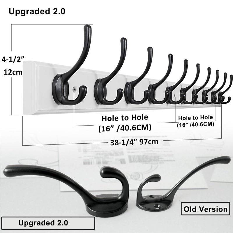 Dseap Coat Rack Wall Mounted: 10-Hooks, 38-1/4" Long, 16" Hole to Hole, Wood Coat?Hooks Wall Mounted, Hook Rack, Hook Rail, Hooks for Hanging Coats, White & Black - Image 2