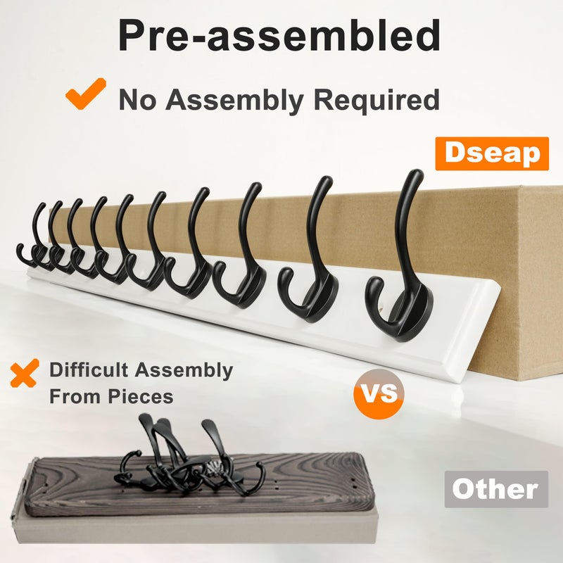 Dseap Coat Rack Wall Mounted: 10-Hooks, 38-1/4" Long, 16" Hole to Hole, Wood Coat?Hooks Wall Mounted, Hook Rack, Hook Rail, Hooks for Hanging Coats, White & Black - Image 3