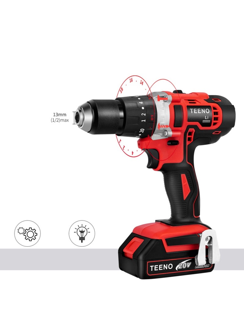 TEENO - TEENO Cordless Hammer Drill Driver 20V Two 2.0Ah Li-Ion Battery 1/2" Metal Drill Chuck with 15 Pieces Bits Kit and Box - Image 1