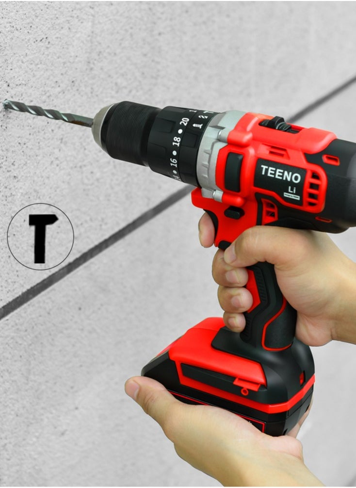 TEENO - TEENO Cordless Hammer Drill Driver 20V Two 2.0Ah Li-Ion Battery 1/2" Metal Drill Chuck with 15 Pieces Bits Kit and Box - Image 1