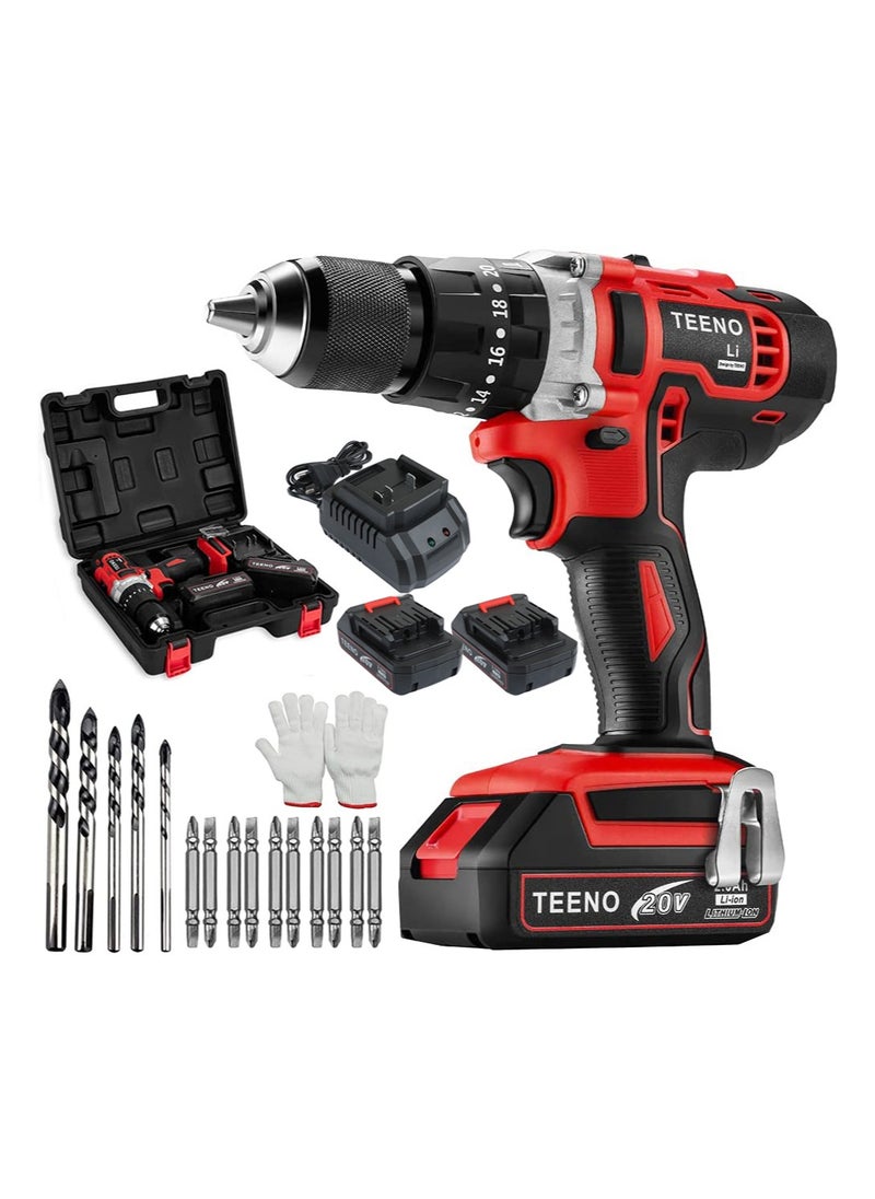 TEENO - TEENO Cordless Hammer Drill Driver 20V Two 2.0Ah Li-Ion Battery 1/2" Metal Drill Chuck with 15 Pieces Bits Kit and Box - Image 1