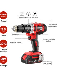 TEENO TEENO Cordless Hammer Drill Driver 20V Two 2.0Ah Li-Ion Battery 1/2" Metal Drill Chuck with 15 Pieces Bits Kit and Box  - Image 2