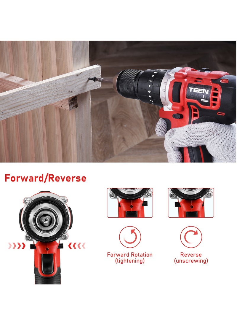 TEENO - TEENO Cordless Hammer Drill Driver 20V Two 2.0Ah Li-Ion Battery 1/2" Metal Drill Chuck with 15 Pieces Bits Kit and Box - Image 1