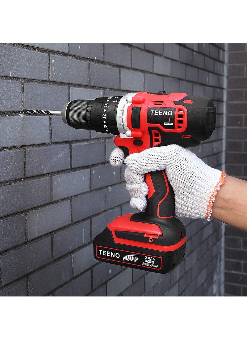 TEENO - TEENO Cordless Hammer Drill Driver 20V Two 2.0Ah Li-Ion Battery 1/2" Metal Drill Chuck with 15 Pieces Bits Kit and Box - Image 1