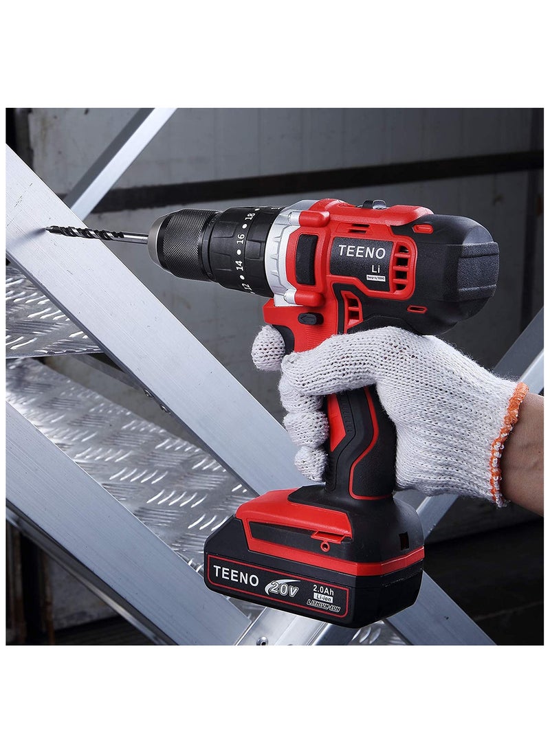 TEENO - TEENO Cordless Hammer Drill Driver 20V Two 2.0Ah Li-Ion Battery 1/2" Metal Drill Chuck with 15 Pieces Bits Kit and Box - Image 1