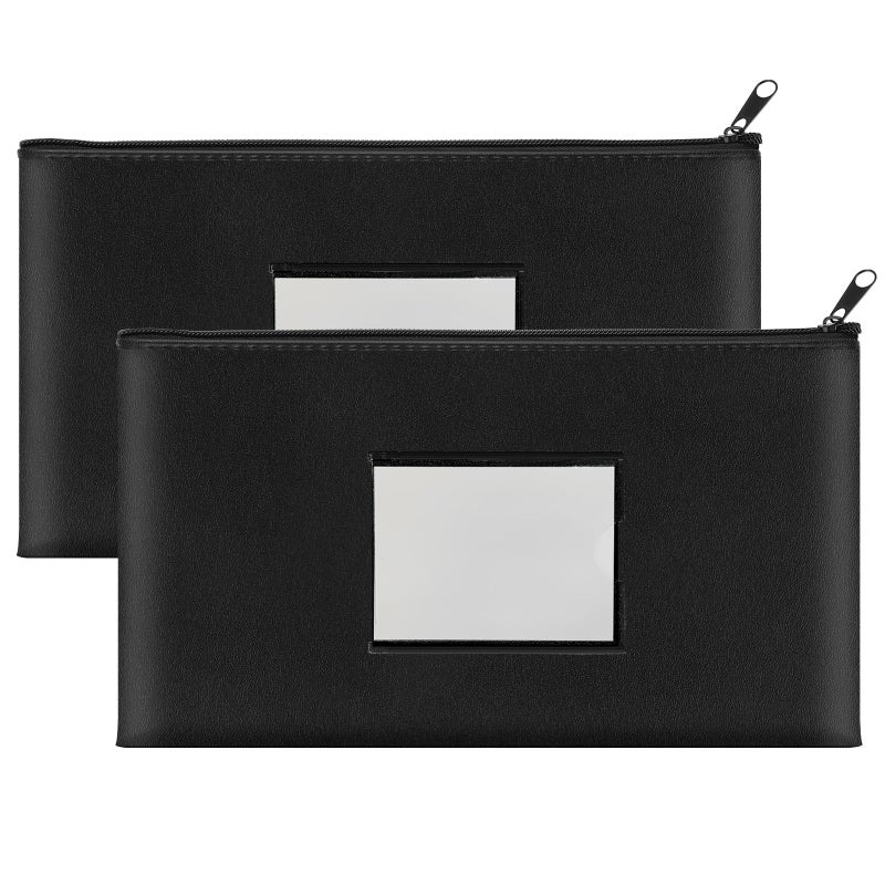 Hoiny 2 Pack Money Bags with Zipper, Bank Pouch with Label, 11 x 6.1 Inch PU Leather Cash Deposit Holder for Coins, Invoice, Bills, Cosmetics, Tools, Black, Clear Window - Image 1