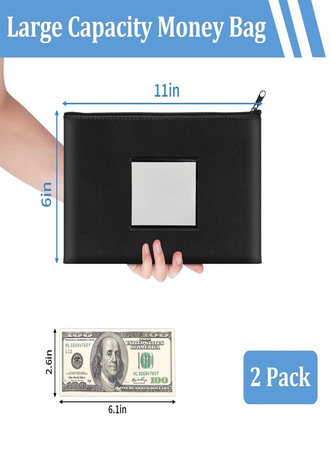 Hoiny 2 Pack Money Bags with Zipper, Bank Pouch with Label, 11 x 6.1 Inch PU Leather Cash Deposit Holder for Coins, Invoice, Bills, Cosmetics, Tools, Black, Clear Window - Image 2