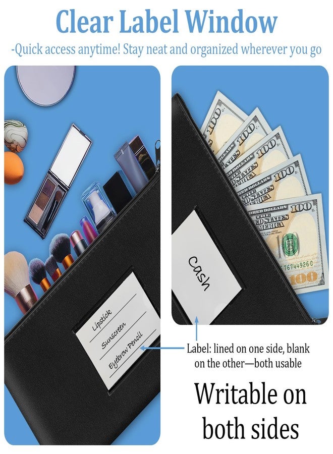 Hoiny 2 Pack Money Bags with Zipper, Bank Pouch with Label, 11 x 6.1 Inch PU Leather Cash Deposit Holder for Coins, Invoice, Bills, Cosmetics, Tools, Black, Clear Window - Image 4