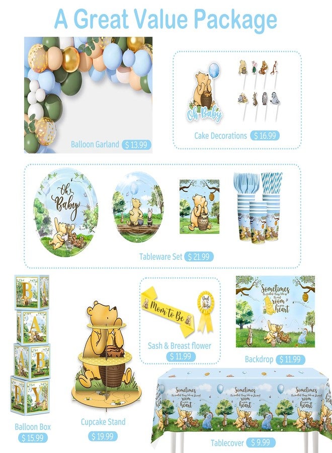 cocomigo Classic Winnie Baby Shower Decorations Boy, Blue Vintage Bear Baby Boy Shower Decorations Balloons and Baby Boxes, Backdrop, Dinnerware Set, Cake Toppers with Stand, Mom to Be Sash, Baby Shower Decor - Image 3