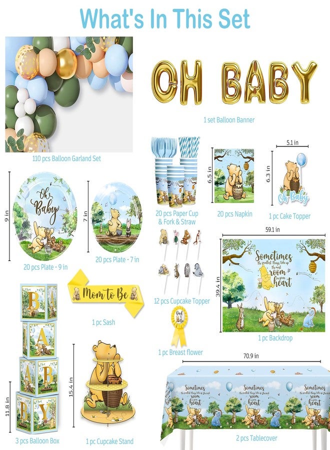 cocomigo Classic Winnie Baby Shower Decorations Boy, Blue Vintage Bear Baby Boy Shower Decorations Balloons and Baby Boxes, Backdrop, Dinnerware Set, Cake Toppers with Stand, Mom to Be Sash, Baby Shower Decor - Image 2