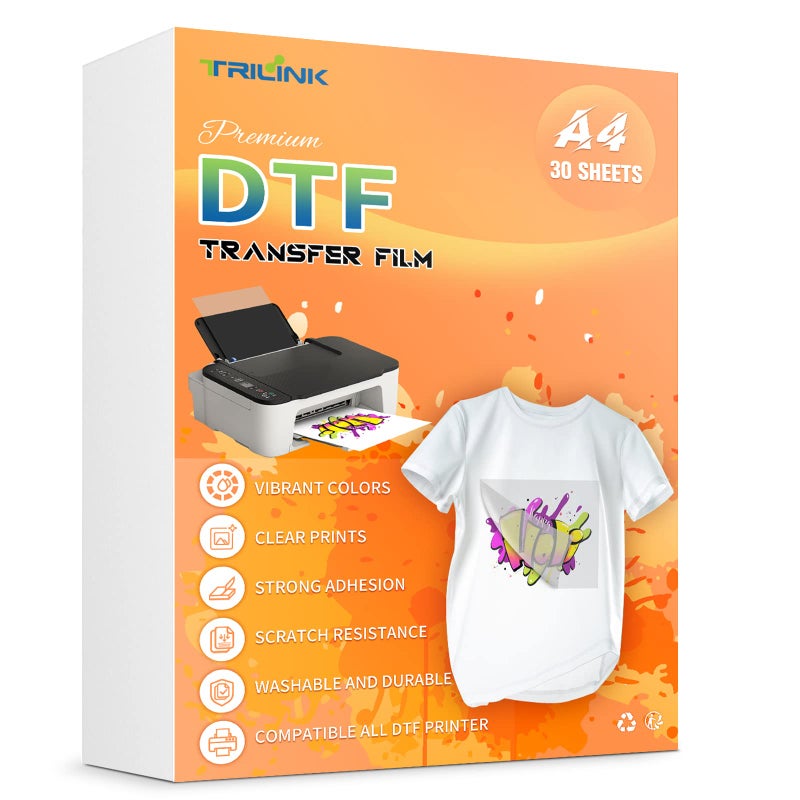 TriLink TRILINK DTF Transfer Film Paper A4 85 x 11  30 Sheets Premium PET Direct to Film Transfer Paper for Sublimation  Works on Cotton Polyester and More Fabrics  Ideal for TShirts Printing
