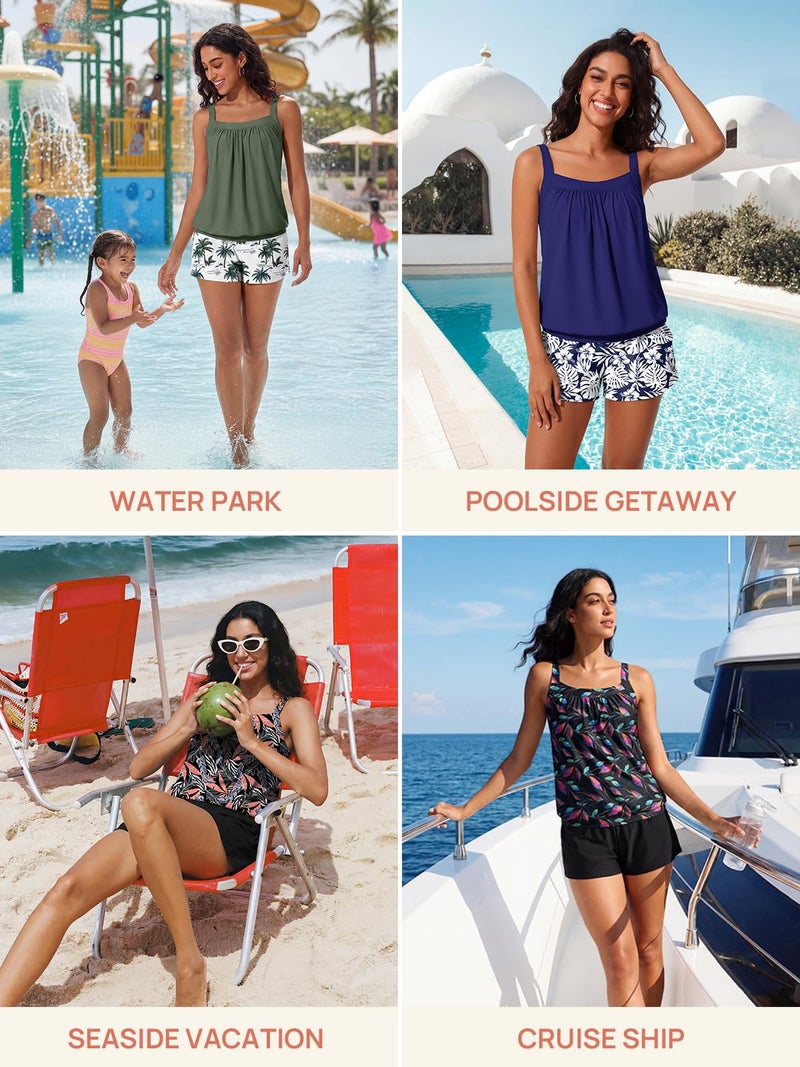 Summer Mae Blouson Womens Tankini Swimsuits 2026 Modest Tummy Control Bathing Suits Swim Shorts with Pockets for Beach Tropical Green Leaves Size 16 - Image 3