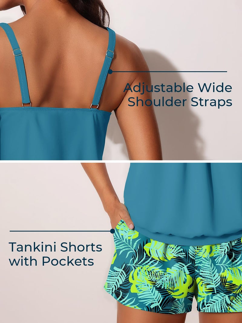 Summer Mae Blouson Womens Tankini Swimsuits 2026 Modest Tummy Control Bathing Suits Swim Shorts with Pockets for Beach Tropical Green Leaves Size 16 - Image 4
