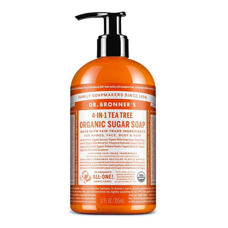 Dr Bronners  Organic Sugar Soap Tea Tree 12 Ounce  Made with Organic Oils Sugar and Shikakai Powder 4in1 Uses Hands Body Face and Hair Cleanses Moisturizes and Nourishes Vegan