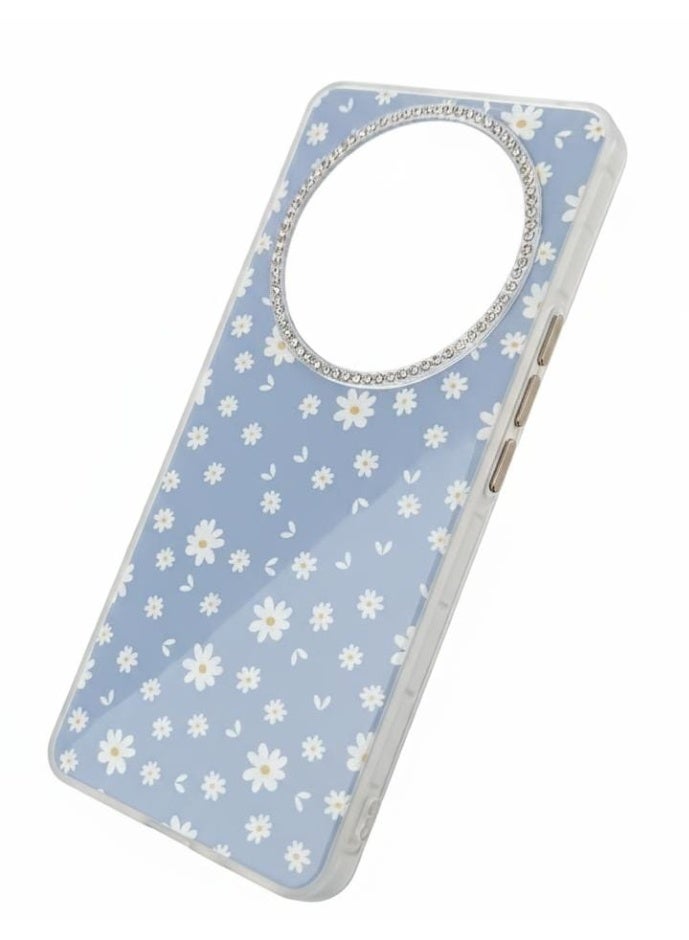 غطاء حماية فاخر لهاتف Honor X9C باللون الأزرق الهادئ مع نمط زهور رقيق. - Image 2