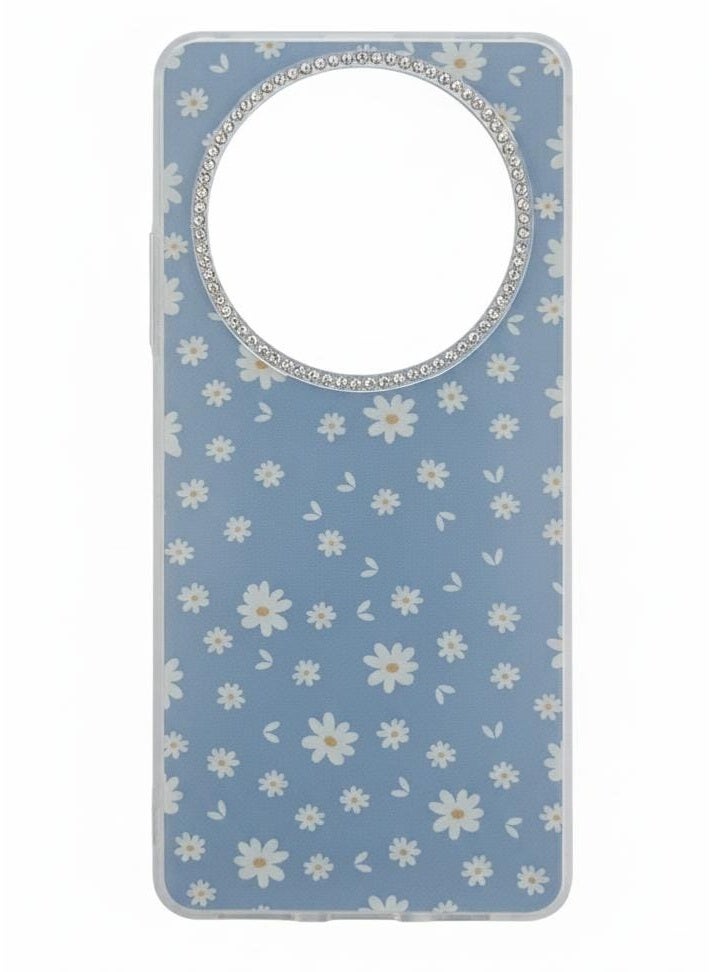 غطاء حماية فاخر لهاتف Honor X9C باللون الأزرق الهادئ مع نمط زهور رقيق. - Image 1
