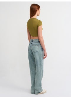 Dilvin 71458 Wash Effect Denim Trousers-Green  - Image 2