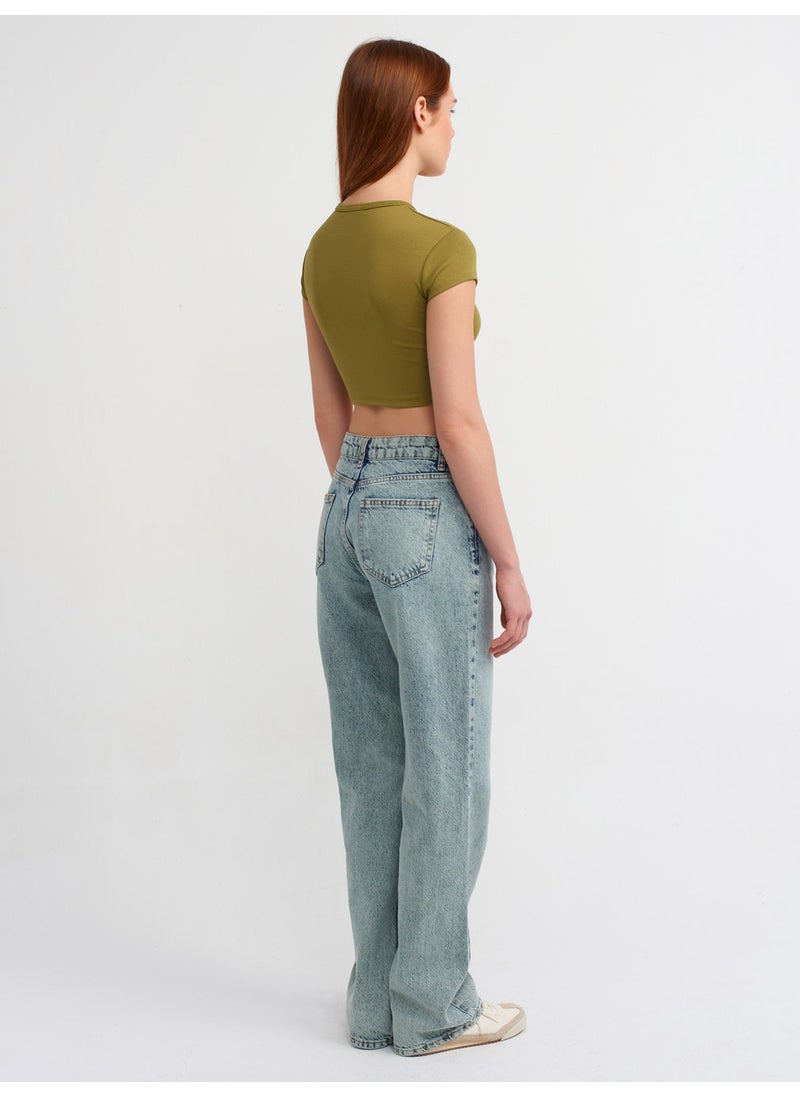 Dilvin 71458 Wash Effect Denim Trousers-Green  - Image 2