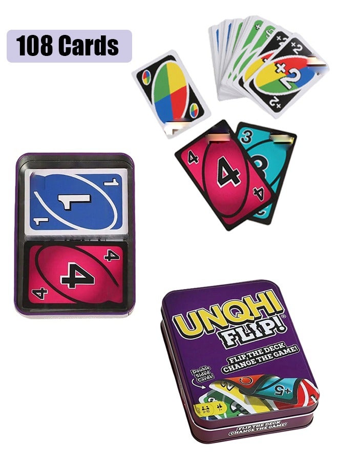 108 Cards Uno Flip! Family UNO Card Game With Metal Protective Box，Group Puzzle Games, Double-sided Flip，Wild for 2-10 Players, 7+Years Old  - Image 1